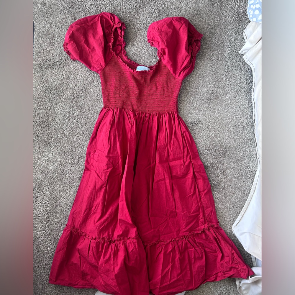 Smocked Puff Sleeve Midi Nap Dress in Vibrant Raspberry